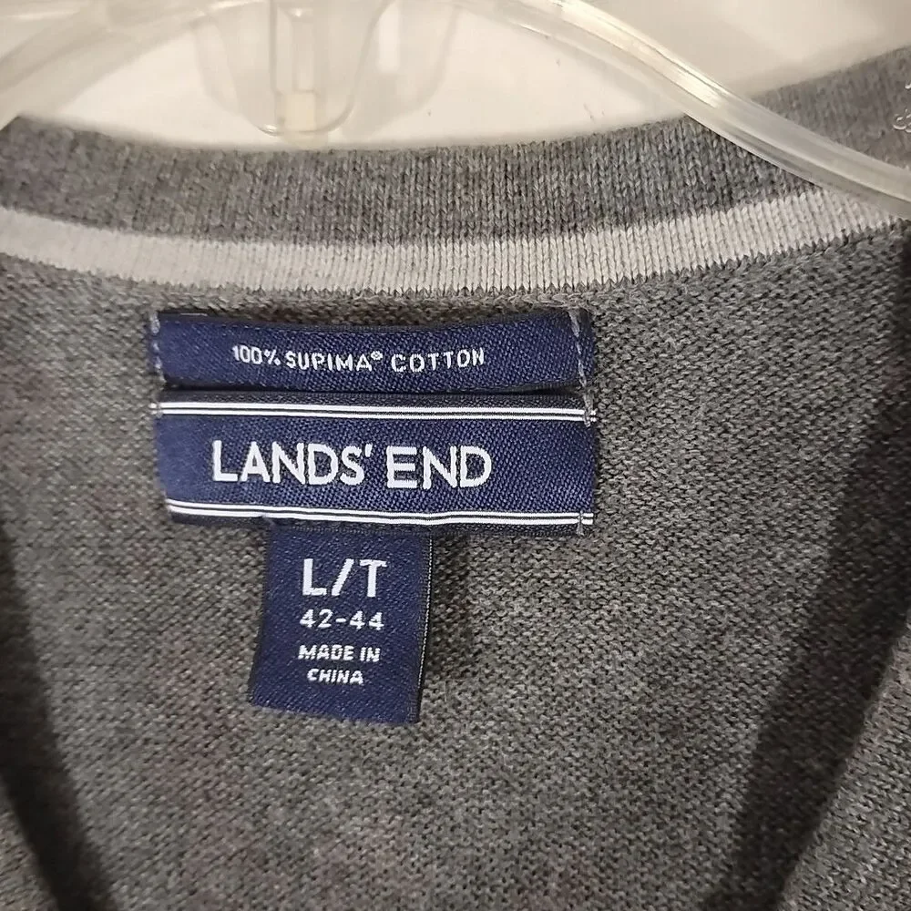 Lands End Sweater Vest Mens Large L Gray V-Neck Supima Cotton